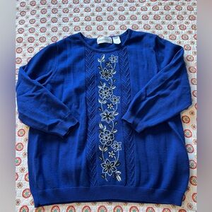 EUC Vintage Alfred Dunner 3/4 Sleeve Embroidered Royal Blue Sweater size Large